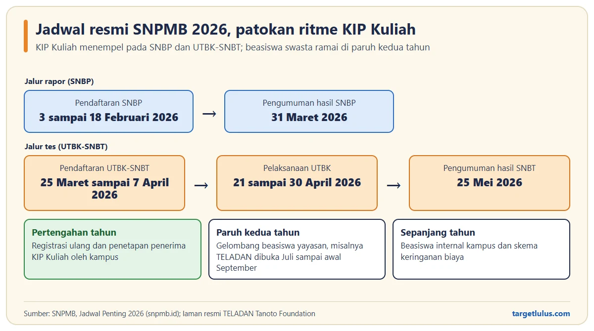 Linimasa SNPMB 2026: pendaftaran SNBP 3 sampai 18 Februari, pengumuman 31 Maret, pendaftaran UTBK-SNBT 25 Maret sampai 7 April, UTBK 21 sampai 30 April, pengumuman SNBT 25 Mei, lalu pola beasiswa di pertengahan dan paruh kedua tahun