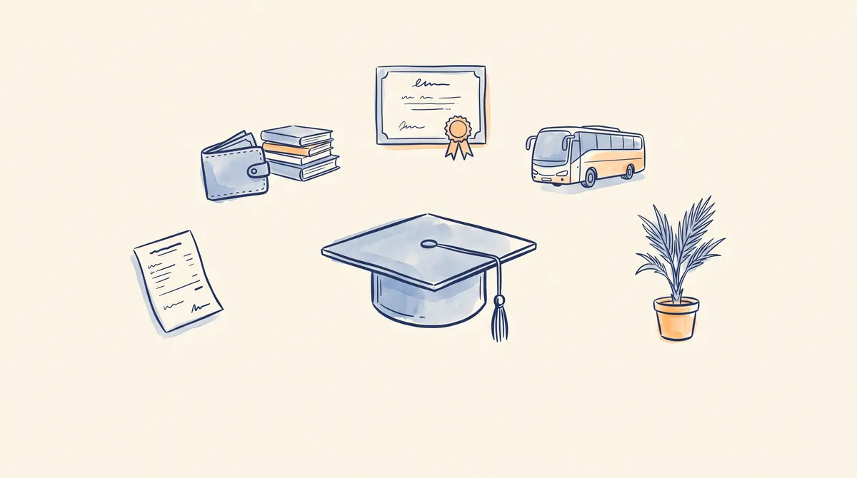 Ilustrasi ikon kuitansi biaya, dompet dan buku, sertifikat berpita, bus antarkota, dan bibit sawit di sekitar topi wisuda