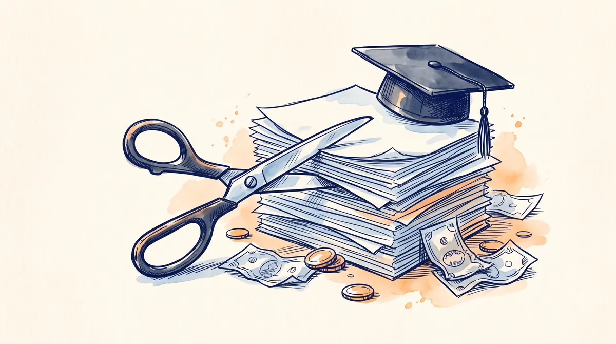 Ilustrasi tumpukan tagihan biaya kuliah dan uang dengan gunting memotong sebagian tumpukan, topi wisuda di atasnya