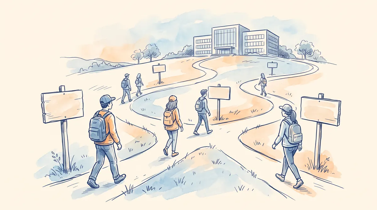 Ilustrasi jalan bercabang dengan beberapa papan penunjuk kosong menuju gedung kampus generik di atas bukit
