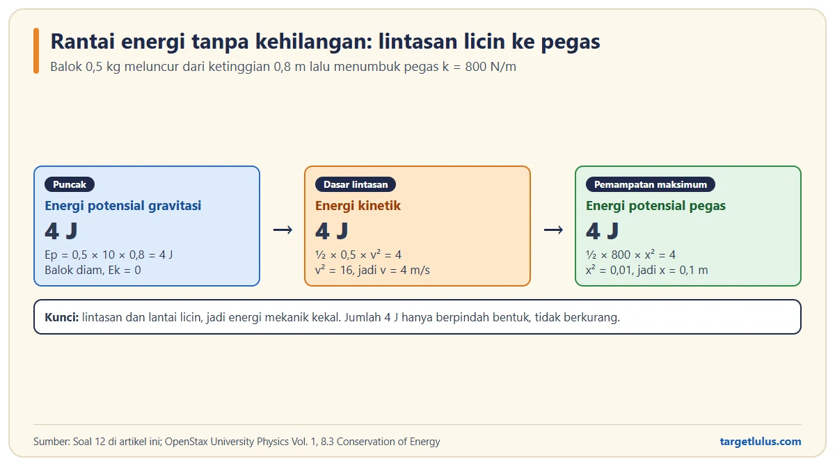 Diagram rantai energi 4 joule dari energi potensial gravitasi di puncak lintasan, menjadi energi kinetik dengan kelajuan 4 m/s, lalu energi potensial pegas dengan pemampatan 0,1 meter