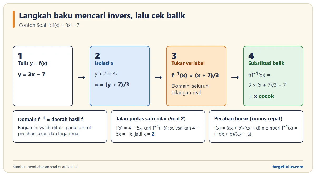 Empat kotak langkah mencari invers f(x) = 3x minus 7: tulis y = f(x), isolasi x, tukar variabel sehingga f invers (x) = (x + 7)/3, lalu substitusi balik menghasilkan x