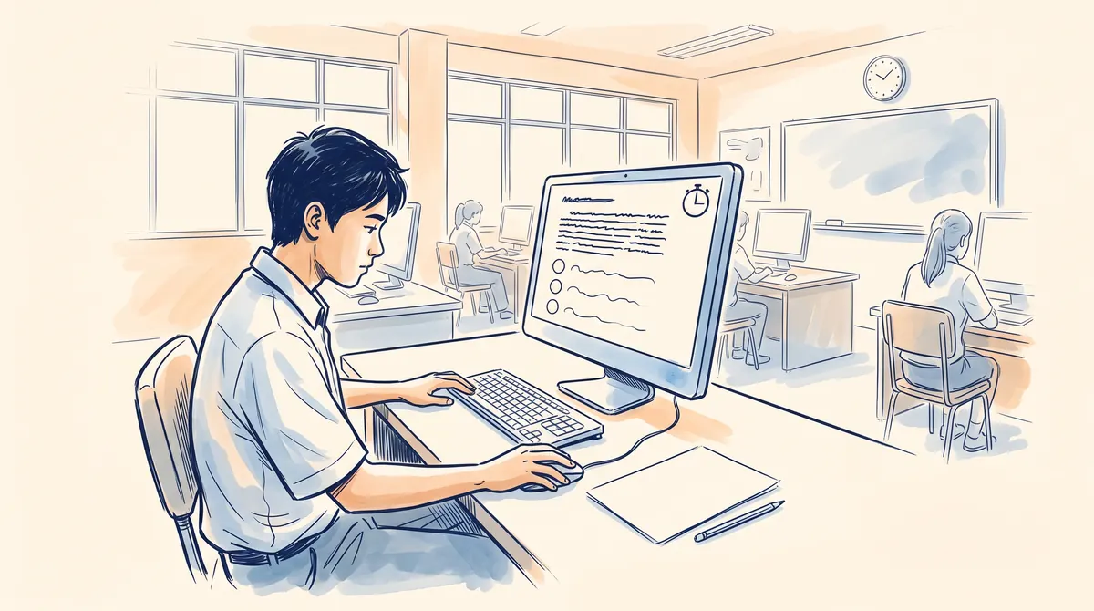 Ilustrasi remaja mengerjakan tes membaca berbasis komputer di ruang ujian yang tenang