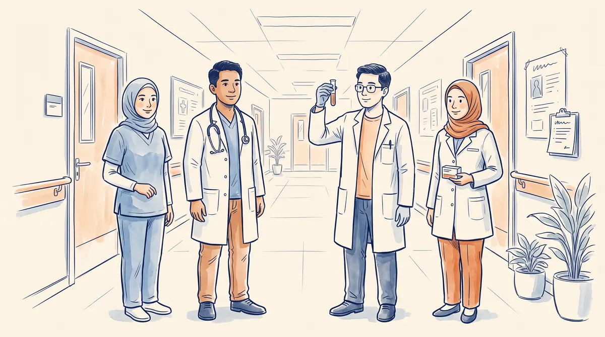 Ilustrasi perawat, dokter, petugas laboratorium, dan apoteker berdiri bersama di lorong rumah sakit