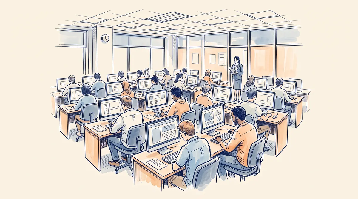 Ilustrasi ruang ujian berbasis komputer dengan deretan peserta di depan monitor dan seorang pengawas