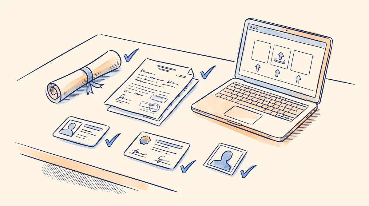 Ilustrasi ijazah, transkrip, kartu identitas, kartu registrasi profesi, dan pasfoto bertanda centang di samping laptop