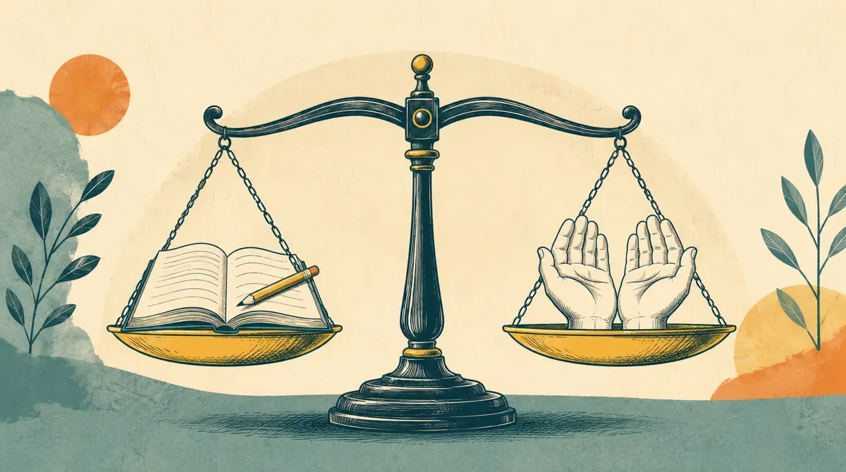 Ilustrasi timbangan seimbang menggambarkan doa sebelum ujian yang berpadu dengan usaha belajar
