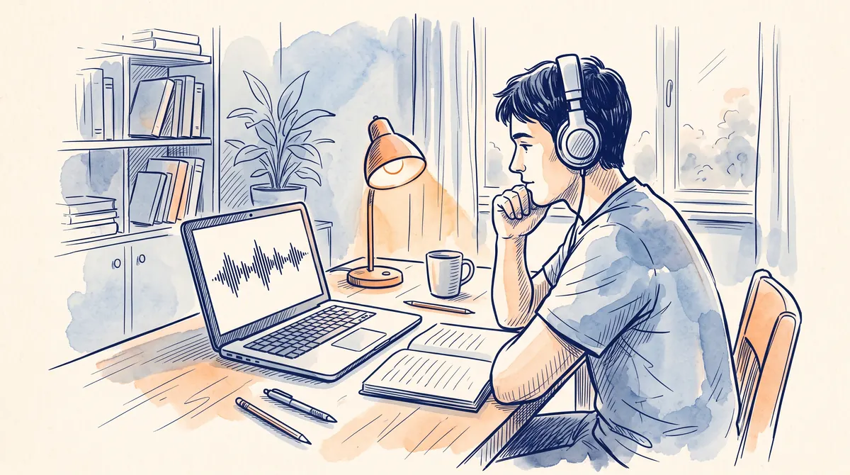 Ilustrasi peserta memakai headphone mendengarkan rekaman audio di laptop sambil mencatat