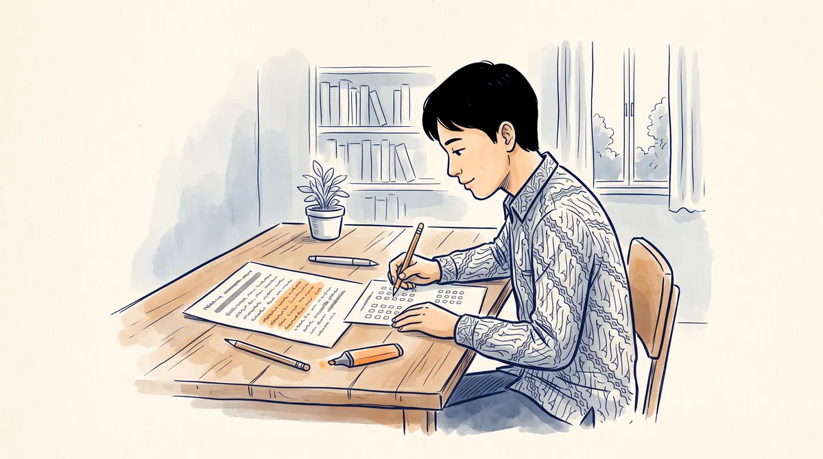 Ilustrasi peserta mengerjakan soal bacaan dengan menandai satu paragraf memakai stabilo di samping lembar jawaban