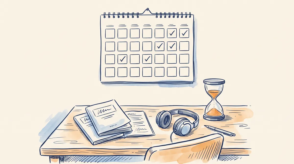 Ilustrasi kalender dinding empat baris dengan beberapa kotak dicentang, di atas meja berisi buku latihan, headphone, dan jam pasir