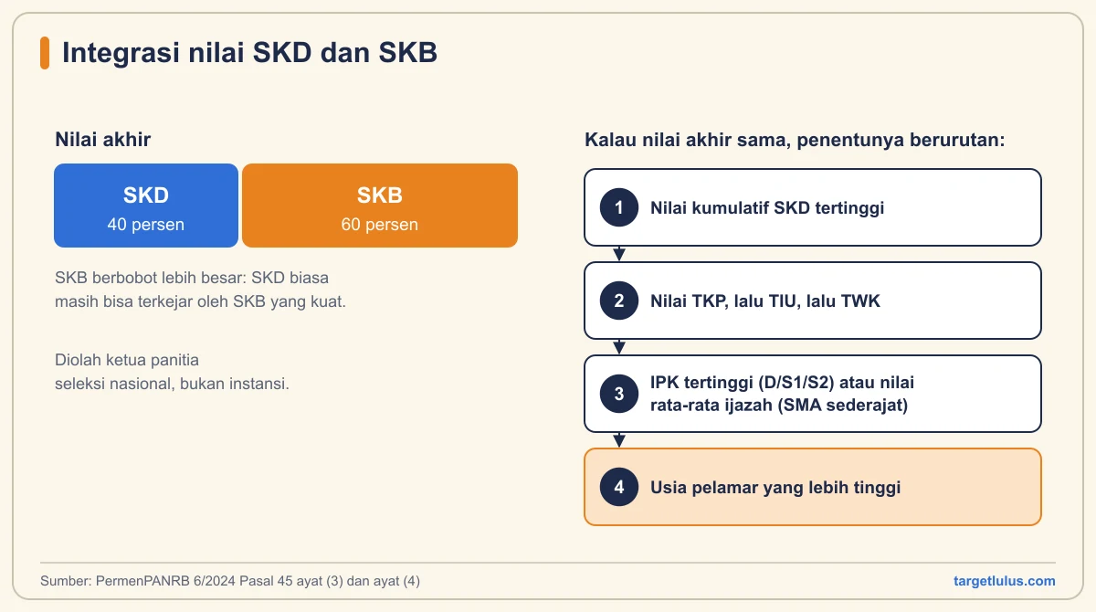 Diagram bobot nilai akhir SKD 40 persen dan SKB 60 persen beserta empat urutan penentu saat nilai sama
