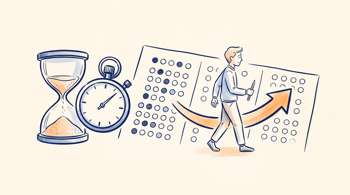 Ilustrasi jam pasir hampir habis, stopwatch, lembar jawaban, dan siswa yang melompat ke soal berikutnya